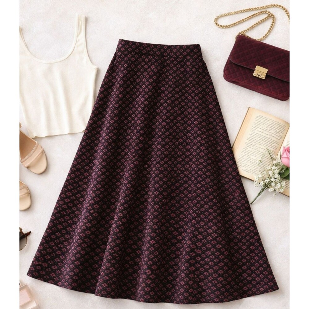 Vintage Velvet Midi Skirt Burgundy Geometric Print A-Line High Waisted 90s Retro